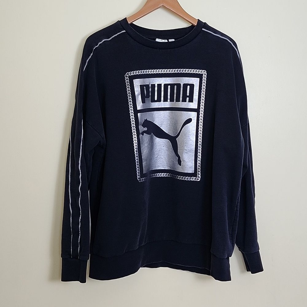 Puma Men's Black with Logo in Silver Long Sleeve Polyester Crew Neck Sweatshirt